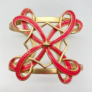Bold Modern Red Enamel & Gold-Tone "NRO" Lattice Cuff Bracelet